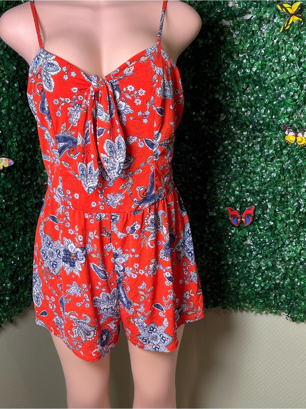 Xhilaration Orange and Blue Smocked Waist Floral Romper